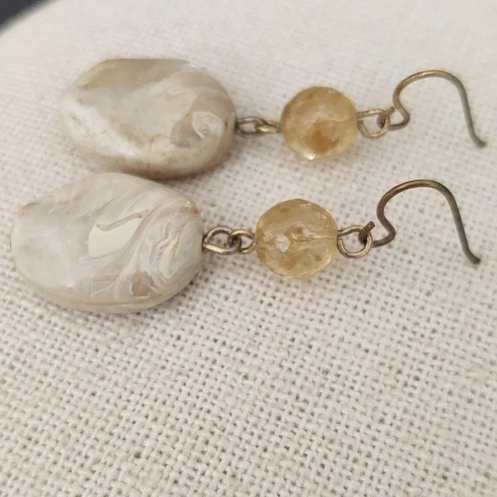 Faux natural toned stone and pale beige bead earrings